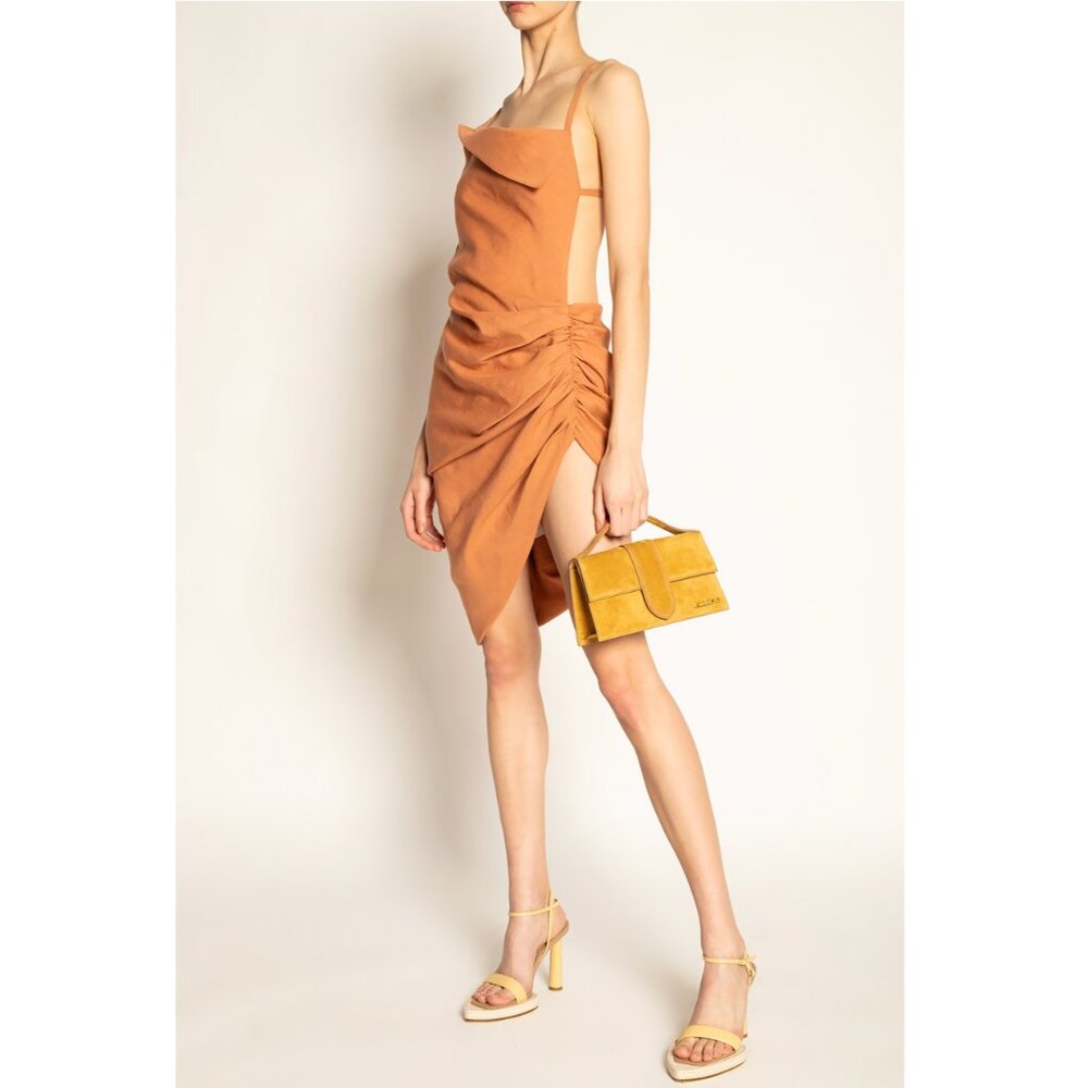 JACQUEMUS: Saudade asymmetric draped hemp-blend mini dress